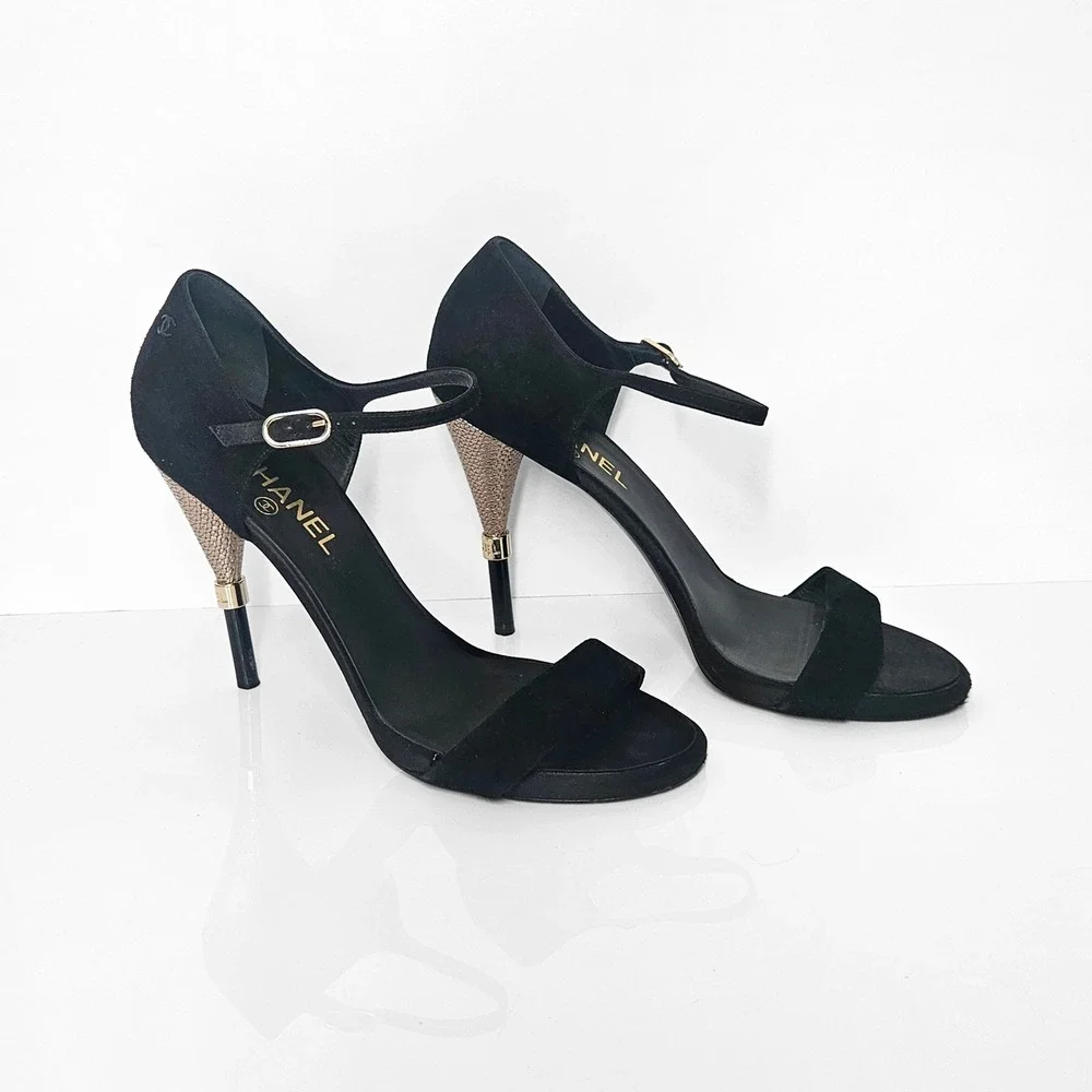 Chanel 2016 Black Suede Satin Gold CC Logo High Heels Sandals Shoes Strappy 41.5